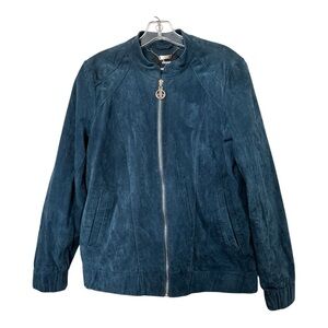 Dennis Basso Pine Washable Suede Teal Bomber Jacket